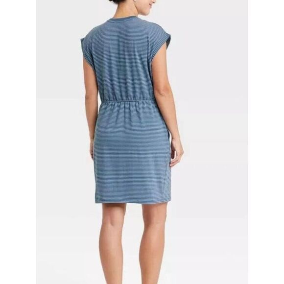 A New Day blue striped extended shoulder alone dress medium - Picture 2 of 11